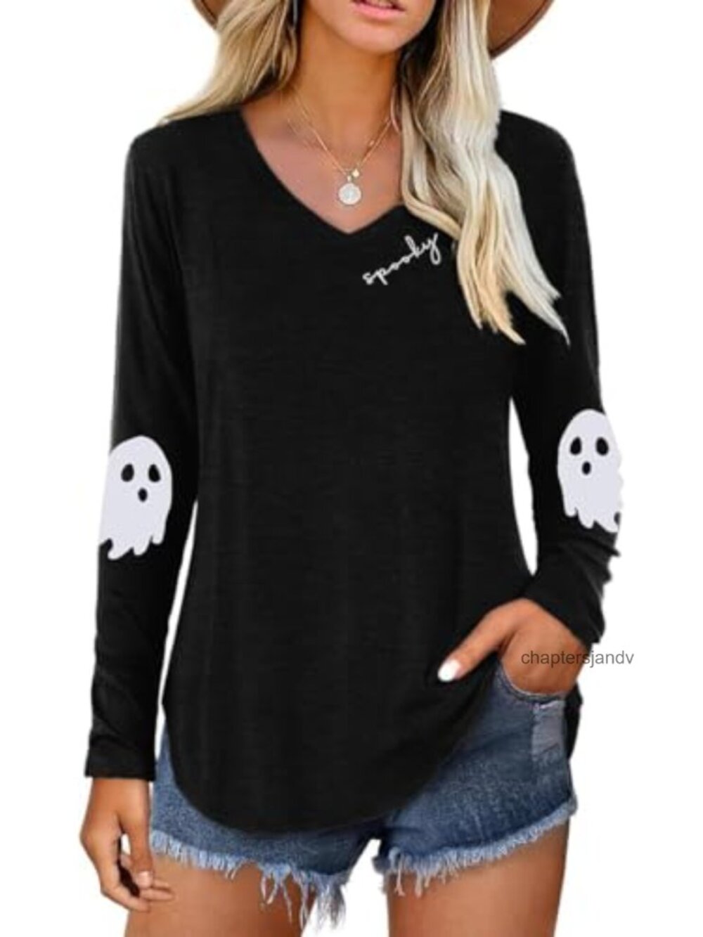 Women's Halloween Ghost Graphic V-Neck Long Sleeve Tee Fall Party Top